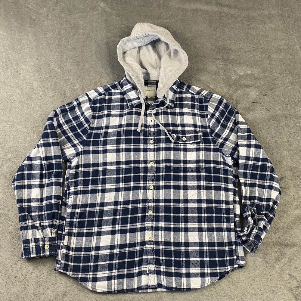American Eagle Flannel Removable Hoodie Mens XL Blue Plaid Super Soft Shacket